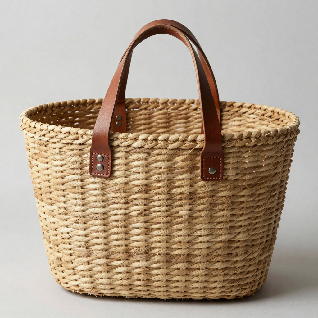 Handwoven natural fiber basket with leather details